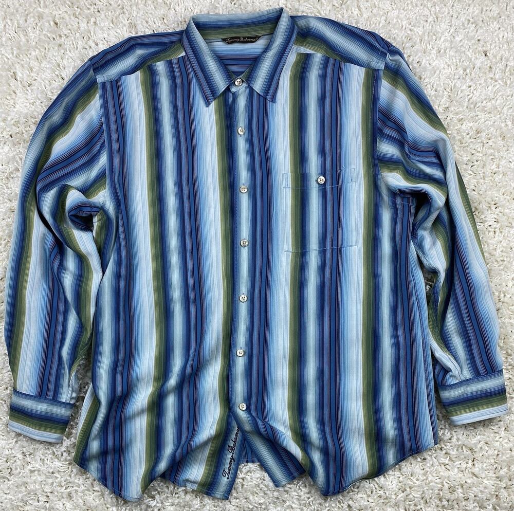 Tommy Bahama Shirt Mens L Silk Tencel Striped Blue Green Long Sleeve Button